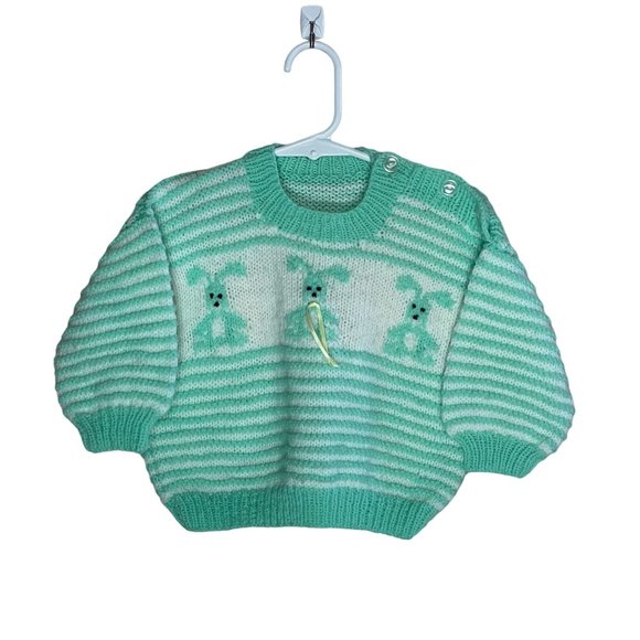 Source Unknown Other - vtg Hand Knitted Baby Sweater Bunny Mint Green White Striped Easter 6-12 months?